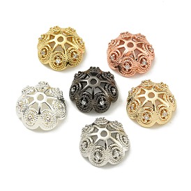 Rack Plating Brass Micro Pave Clear Cubic Zirconia Bead Caps, Long-Lasting Plated, Lead Free & Cadmium Free, Flower