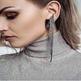Exaggerated European-style Long Tassel Earrings with Sparkling Rhinestones - Versatile and Elegant Jewelry for Women