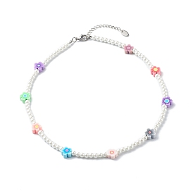 Colliers de perles rondes en perles de verre pour enfant, avec argile polymère perles de fleurs