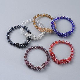 Bracelets élastiques en verre facetté, avec perles rondes en pâte polymère avec strass et 304 perles d'espacement en acier inoxydable