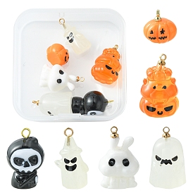 6Pcs 6 Styles Halloween Opaque Resin Pendants, with Light Gold Tone Alloy Loops, Pumpkin & Ghost & Rabbit, Mixed Shapes