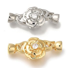 Brass Fold Over Clasps, Micro Pave Clear Cubic Zirconia, Flower