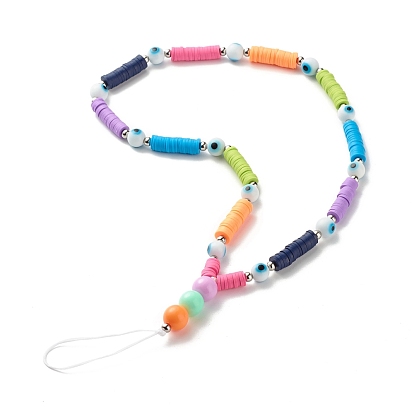 Acrylic Beads and Handmade Polymer Clay Beads Mobile Straps, with Handmade Evil Eye Lampwork Round Bead, 304 Stainless Steel Beads and Braided Nylon Thread