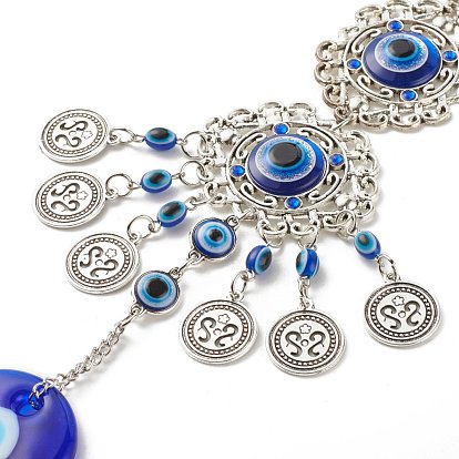 Glass Turkish Blue Evil Eye Pendant Decoration, with Alloy Flower & Flat Round Design Charm, for Home Wall Hanging Amulet Ornament