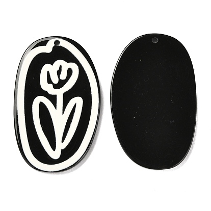 Opaque Acrylic Pendants, Black & White, Oval with Flower