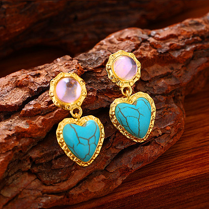 Vintage European and American fashion turquoise heart pendant earrings - bohemian style, palace ear decoration.