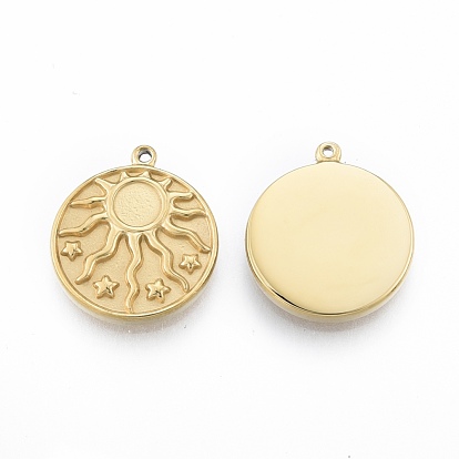 Ion Plating(IP) 304 Stainless Steel Pendants, Flat Round with Sun