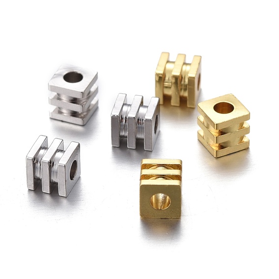 Brass Spacer Beads, Long-lasting Plated, Grooved Cube