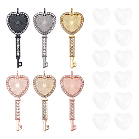 CHGCRAFT DIY 12Pcs 6 Colors Heart Key Big Pendants Jewelry Finding Kits, with Zinc Alloy Big Pendants Crystal Rhinestone Cabochons Setting and Transparent Glass Cabochons