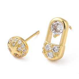 Rack Plating Brass Safety Pin & Flat Round Asymmetrical Earrings, Stud Earrings with Cubic Zirconia, Lead Free & Cadmium Free
