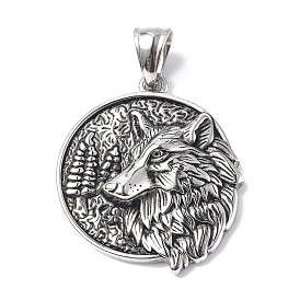 304 Stainless Steel Pendants, Flat Round with Wolf Charm