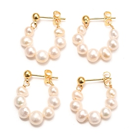 Natural Pearl Beaded Ring Stud Earrings, with Brass Pins, Long-Lasting Plated