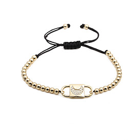 Adjustable Black Cord Moonstone Beaded Bracelet with CZ Stones - European Style Jewelry