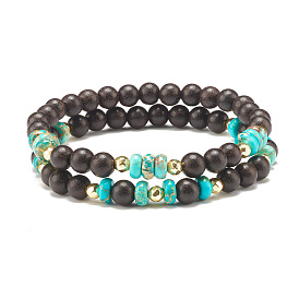 2Pcs 2 Style Natural Wood & Imperial Jasper Beaded Stretch Bracelets Set, Gemstone Jewelry for Women