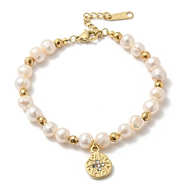 Placage ionique (ip) 304 bracelets à breloques étoiles en strass en acier inoxydable, bracelets de perles naturelles pour femmes