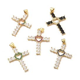 Rack Plating Brass Micro Pave Cubic Zirconia Pendants, Long-Lasting Plated, Lead Free & Cadmium Free,Cross Charm, Real 18K Gold Plated