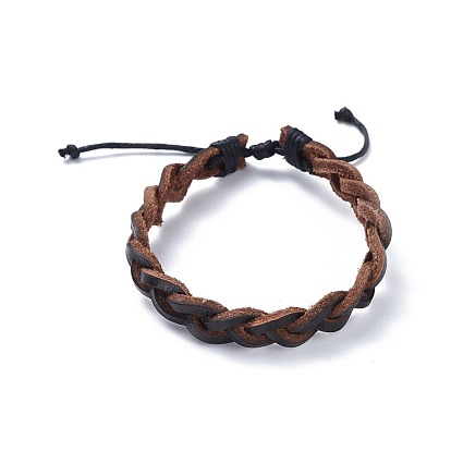 Adjustable Cowhide Leather Cord Braided Bracelets, with Waxed Cotton Cord