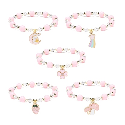 Pink Acrylic & Synthetic Hematite Beaded Stretch Bracelet with Alloy Enamel Charms for Women