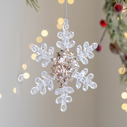 Christmas Theme Acrylic Snowflake/Key/Star/Leaf Pendant Decorations, Christmas Tree Hanging Decorations, with Paillette