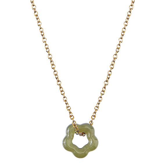 1Pc 304 Stainless Steel Cable Chains, with 1Pc Natural Hetian Jade Flower Pendants, Ion Plating(IP)