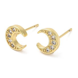Rack Plating Brass Crescent Moon Stud Earrings with Cubic Zirconia, Lead Free & Cadmium Free
