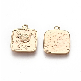 Square with Rose Pattern Brass Pendants, Nickel Free