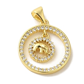 Brass Micro Pave Cubic Zirconia Pendants, Real 18K Gold Plated, Round with Elephant