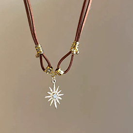 Цинковый сплав кристалл горный хрусталь солнце кулон искусственная кожа шнур двухслойные ожерелья для женщин, золотые