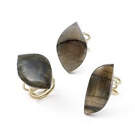 Leaf Natural Labradorite Cuff Rings, Rack Plating Brass Wide Ring for Women, Cadmium Free & Lead Free, Golden