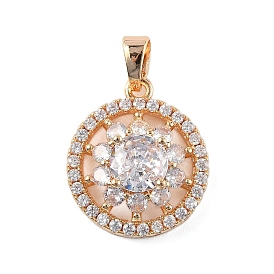 Латунные микро проложить кубического циркония подвески, плоские круглые с цветком, долговечный, без свинца и без кадмия