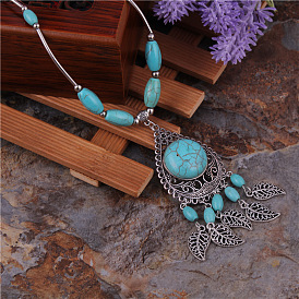 Personality Vintage Alloy Inlaid Turquoise Pendant Necklace Leaf Tassel Necklace