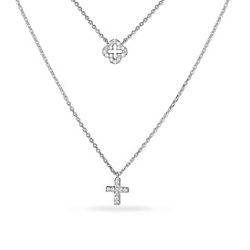 TINYSAND CZ Jewelry 925 Sterling Silver Cubic Zirconia Cross Pendant Two Tiered Necklaces, 21 inch &17 inch