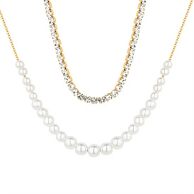 Collier double couche en perles d'imitation et zircone cubique, chaînes de tennis, collier en acier inoxydable