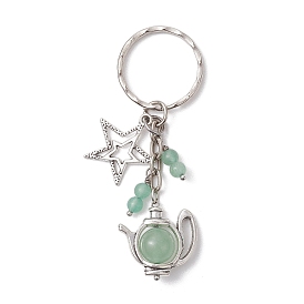 Star & Teapot Matural Green Aventurine Keychain, with Tibetan Style Pendant and Iron Split Key Rings