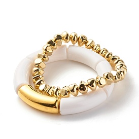 White Chunky Acrylic Tube Beads Stretch Bracelets Sets, Nuggets CCB Plastic Beads Bracelets