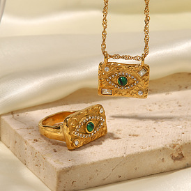Women's 18K Gold Plated Inlaid Zircon Green Malachite Lava Square Devil's Eye Square Sign Ring