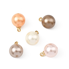 Dyed Shell Pearl Pendants, Round Charms with Brass Peg Bails, Golden
