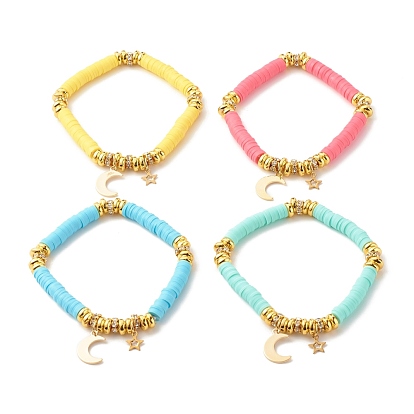 Bracelet extensible heishi surfeur en pâte polymère avec hématite synthétique, bracelet preppy avec lune et étoile pour femme
