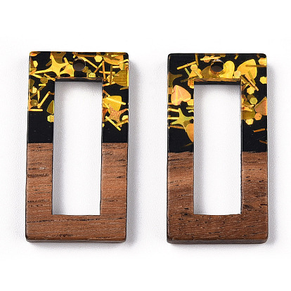 Opaque Resin & Walnut Wood Pendants, Hollow Rectangle Charms with Paillettes