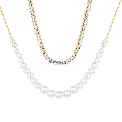 Imitation Pearl Beaded & Cubic Zirconia Tennis Chains Double Layer Necklace, Stainless Steel Necklace