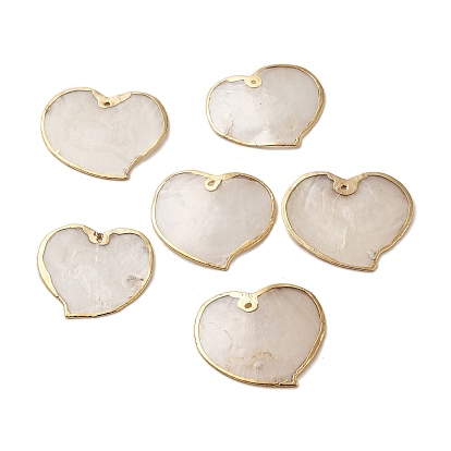 Pendentifs en coquillage capiz naturel, Breloques cœur avec bord en laiton doré, Saint Valentin