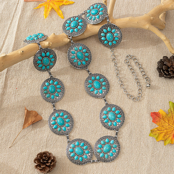 Богемская латунь паве синтетическая бирюза плоская круглая с цветочным звеном сплав цепи ремни для женщин, западный пояс кончо