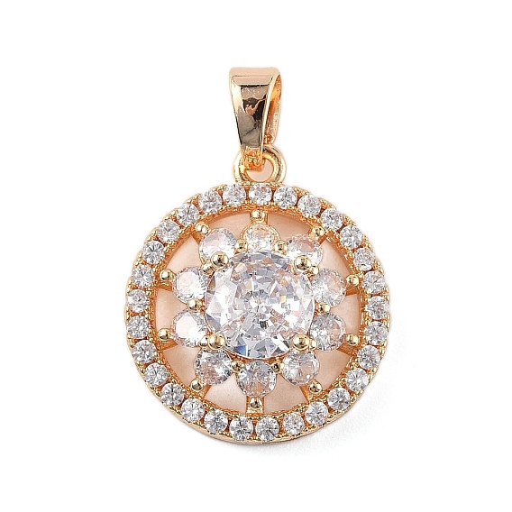 Латунные микро проложить кубического циркония подвески, плоские круглые с цветком, долговечный, без свинца и без кадмия