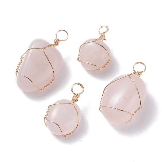 Natural Rose Quartz Pendants, with Light Gold Tone Copper Wire Wrapped, Indefinite Form