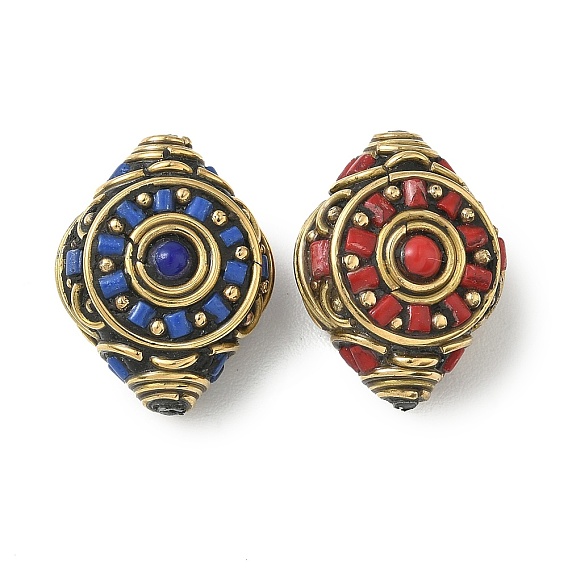 Ручной тибетском стиле бисера, ромб, с латунными находками и синтетической бирюзой, античное золото 