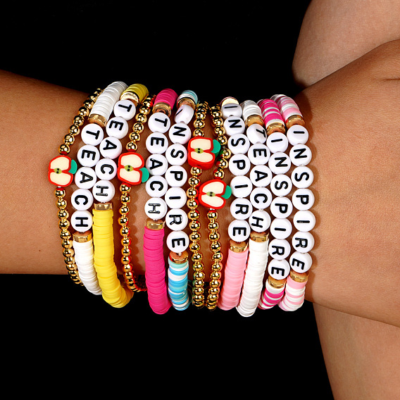 Lettre en plastique pour la journée des enseignants, inspirant, enseignant, pâte polymère, ensembles de bracelets extensibles en perles heishi, Bracelet empilable ajustable à pomme rouge 3