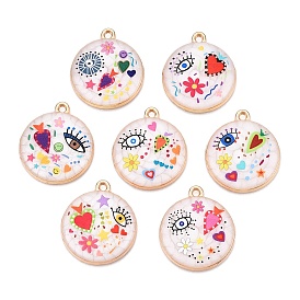 Printed Rack Plating Alloy Enamel Pendants, Golden, Flat Round with Eye & Heart Charm