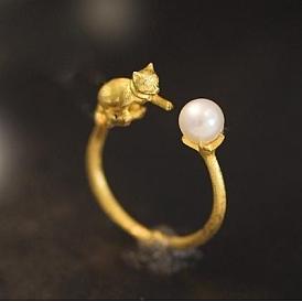 925 Sterling Silver Ring Pearl Cat Open Cuff Ring with Imitation Pearl