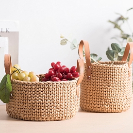 Handmade Woven Cotton Rope Storage Basket, with Handle, Flower Fruit Vegetables Food Container