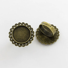 Adjustable Iron Flower Finger Ring Components Alloy Cabochon Bezel Settings, Cadmium Free & Lead Free, 17x5mm, Flat Round Tray: 18mm